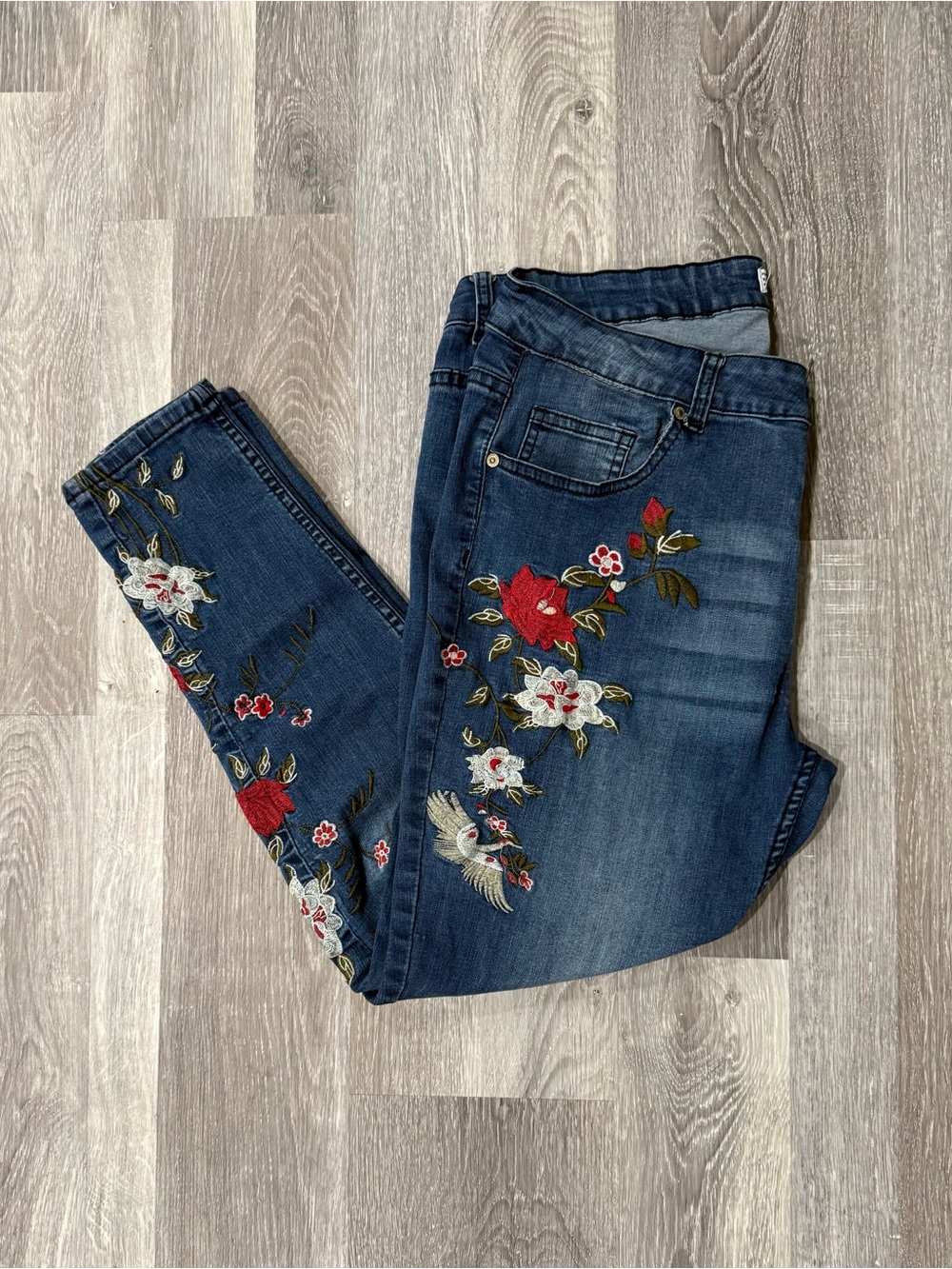 Sandpiper Boho Floral Embroidered Blue Denim Stretch Jeans Size 18